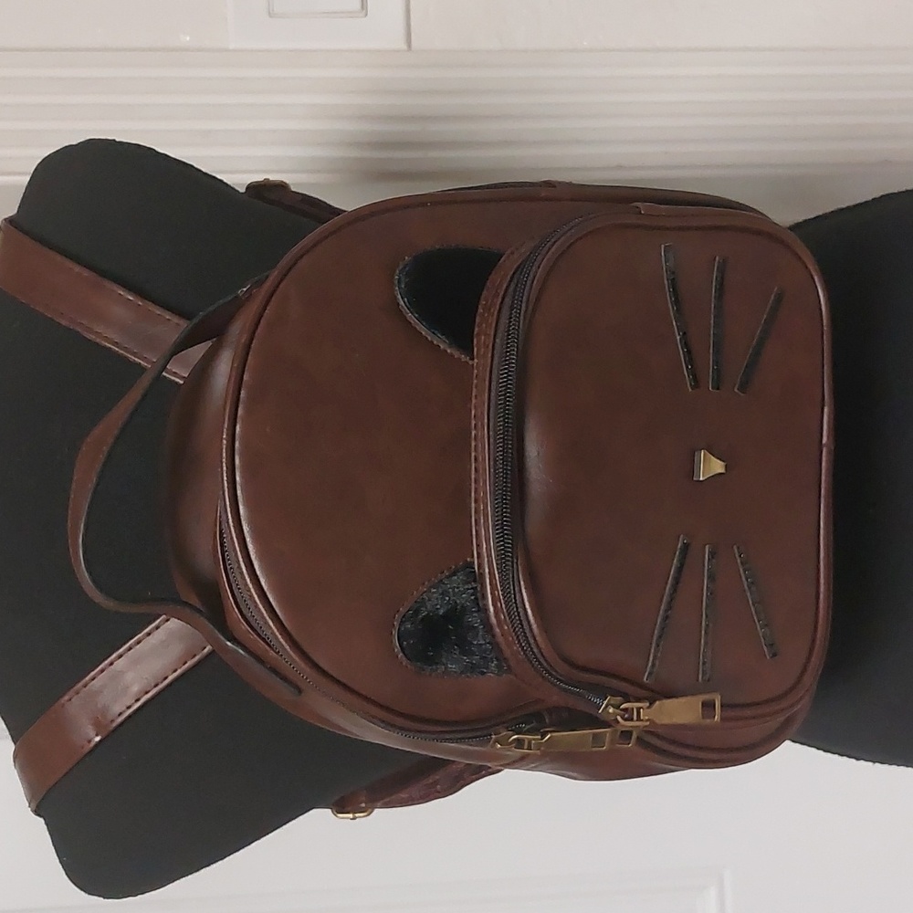 Cat Face Backpack Purse Brown